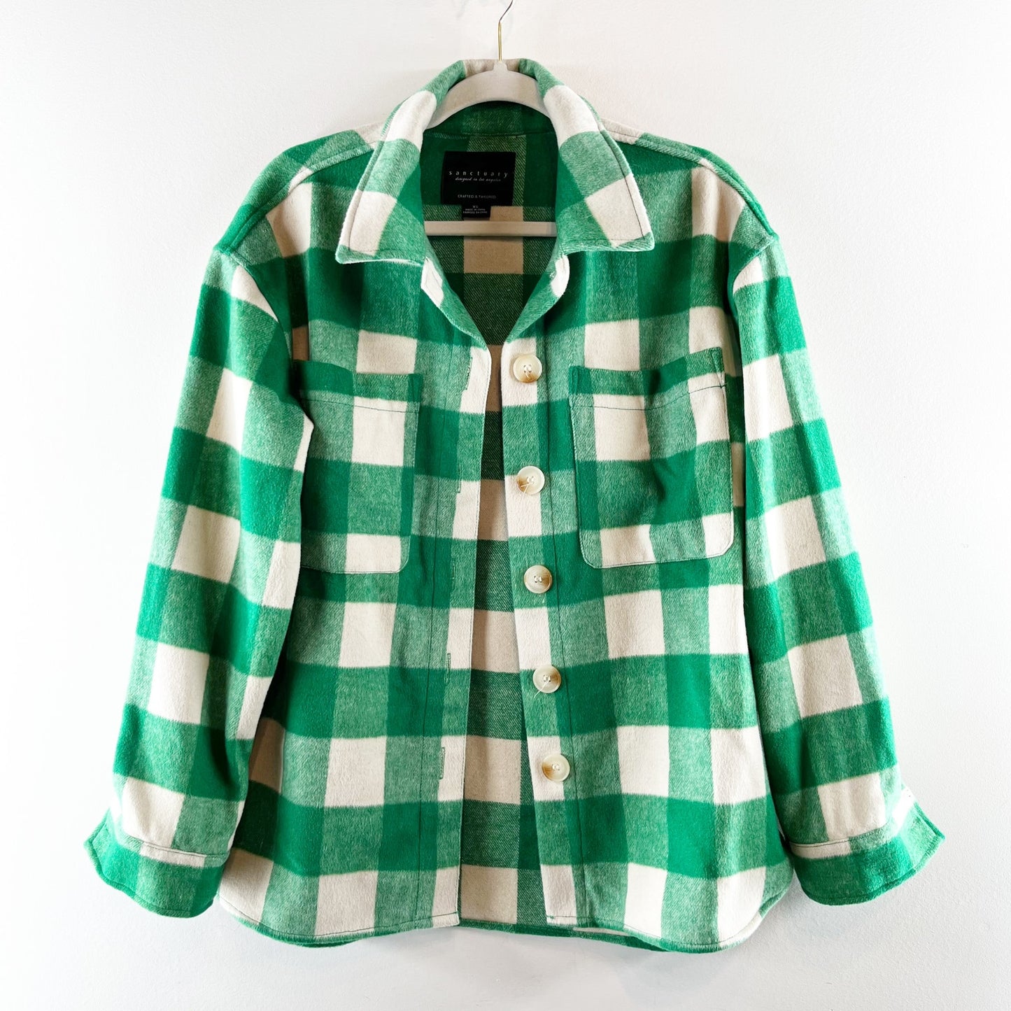 Sanctuary Buffalo Check Plaid Button Up Shacket Jacket Green White XS