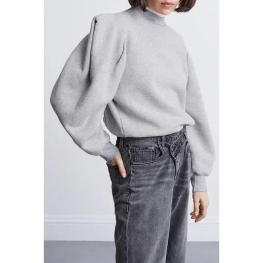 Agolde Folded Puff Sleeve Mock Neck Long Sleeve Cotton Sweatshirt Gray XS