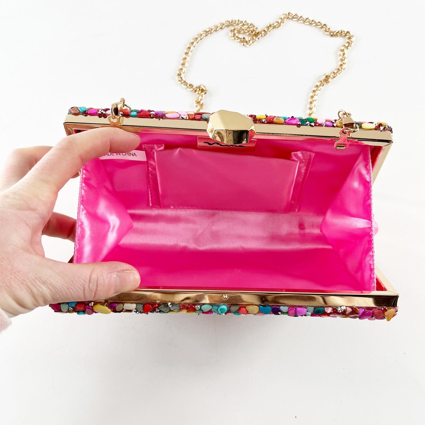 Nina Rock Candy Beaded Minaudiere Clutch Bag Crossbody Purse Pink Gold