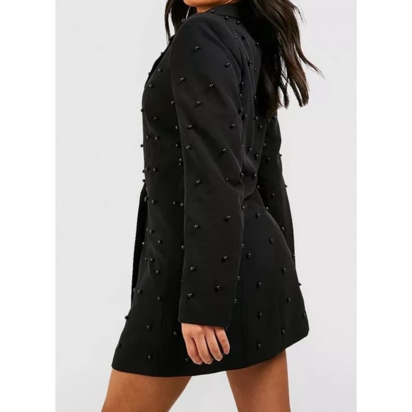 Boohoo Faux Pearl Detailed Button Down Mini Blazer Dress Black 4