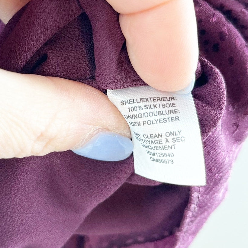 Intermix Nadia Long Sleeve Dot Silk Asymmetrical Mini Dress Purple 0