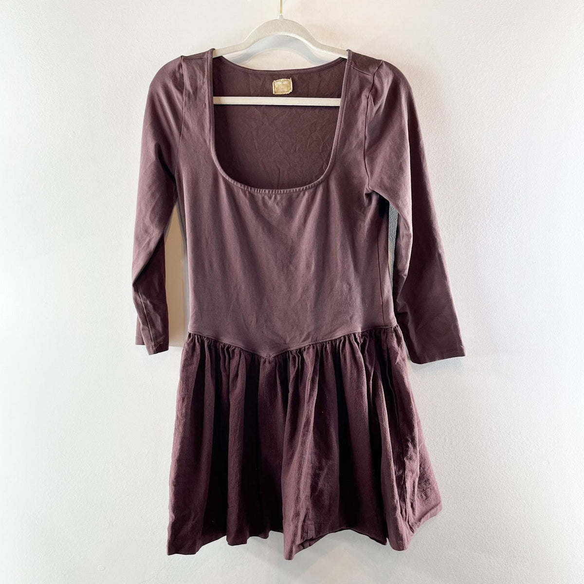 Free People Onda 3/4 Sleeve Square Neck Drop Waist Mini Dress Brown Large
