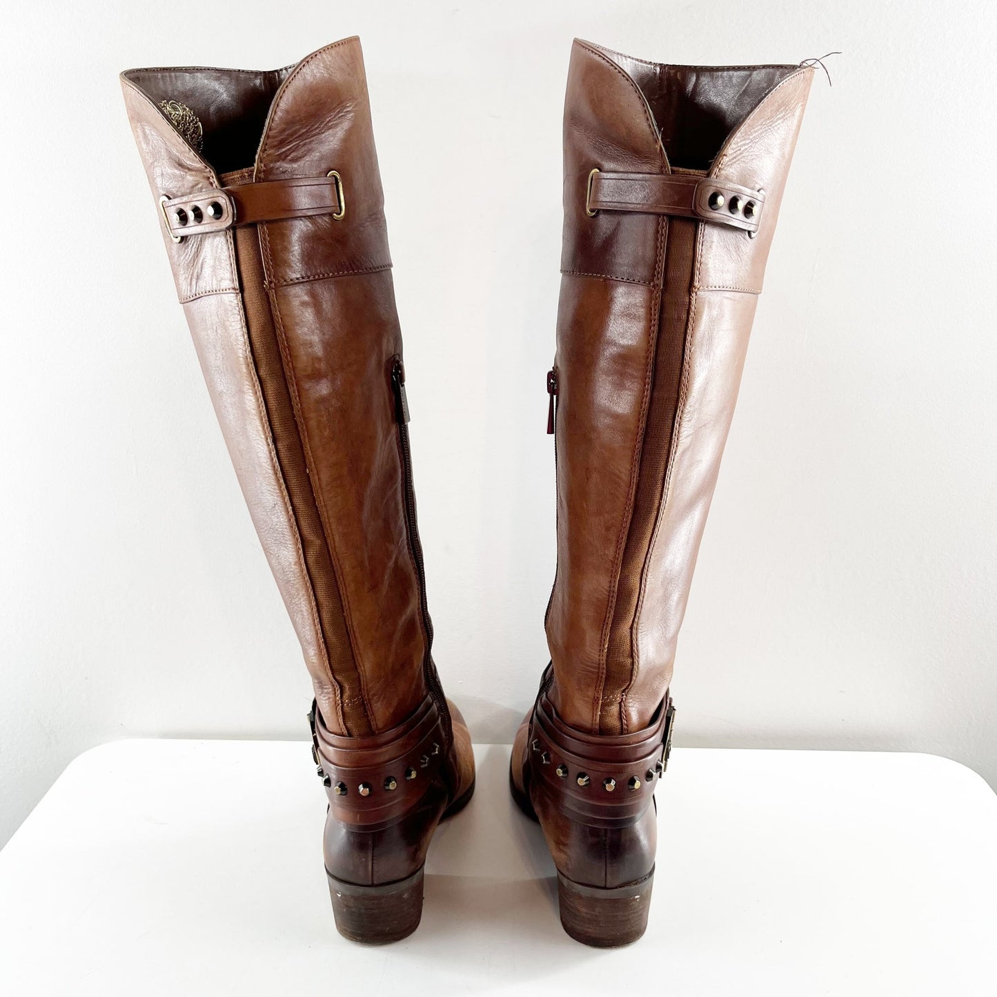 Vince Camuto Leather Beatrix Block Stacked Heel Knee High Riding Boots Brown 7.5