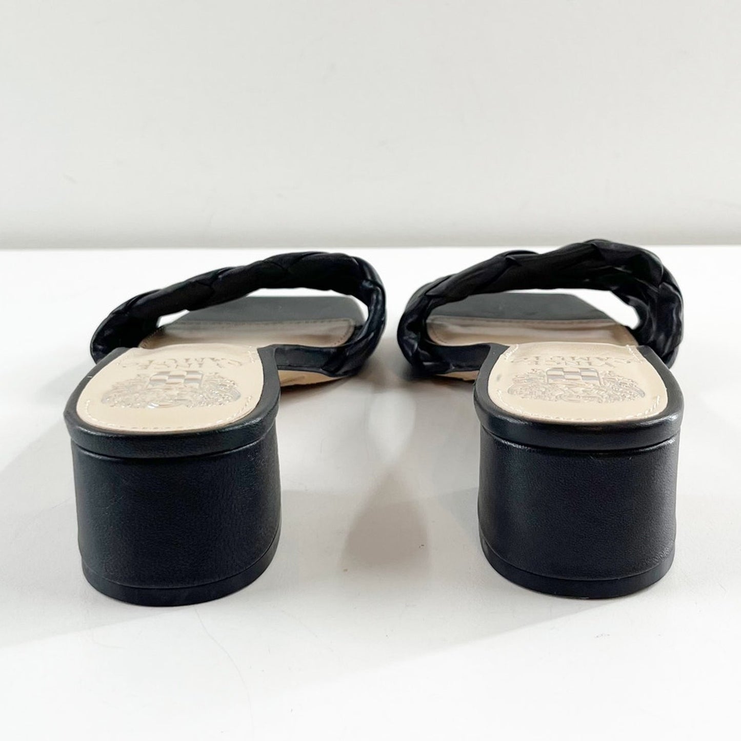 Vince Camuto Semtera Woven Kitten Block Heel Square Toe Slide Sandals Black 6.5