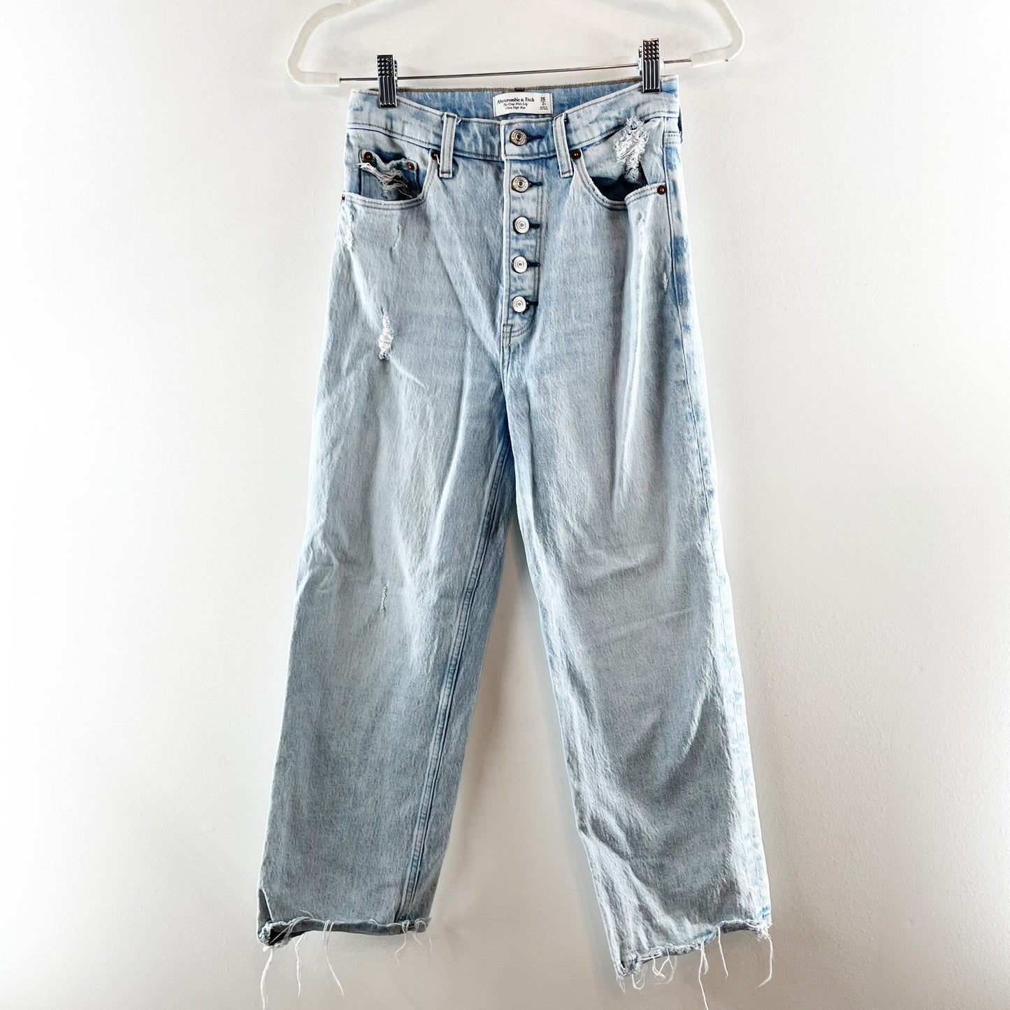 Abercrombie The Crop Wide Leg Ultra High Rise Raw Hem Light Wash Blue Jeans 2