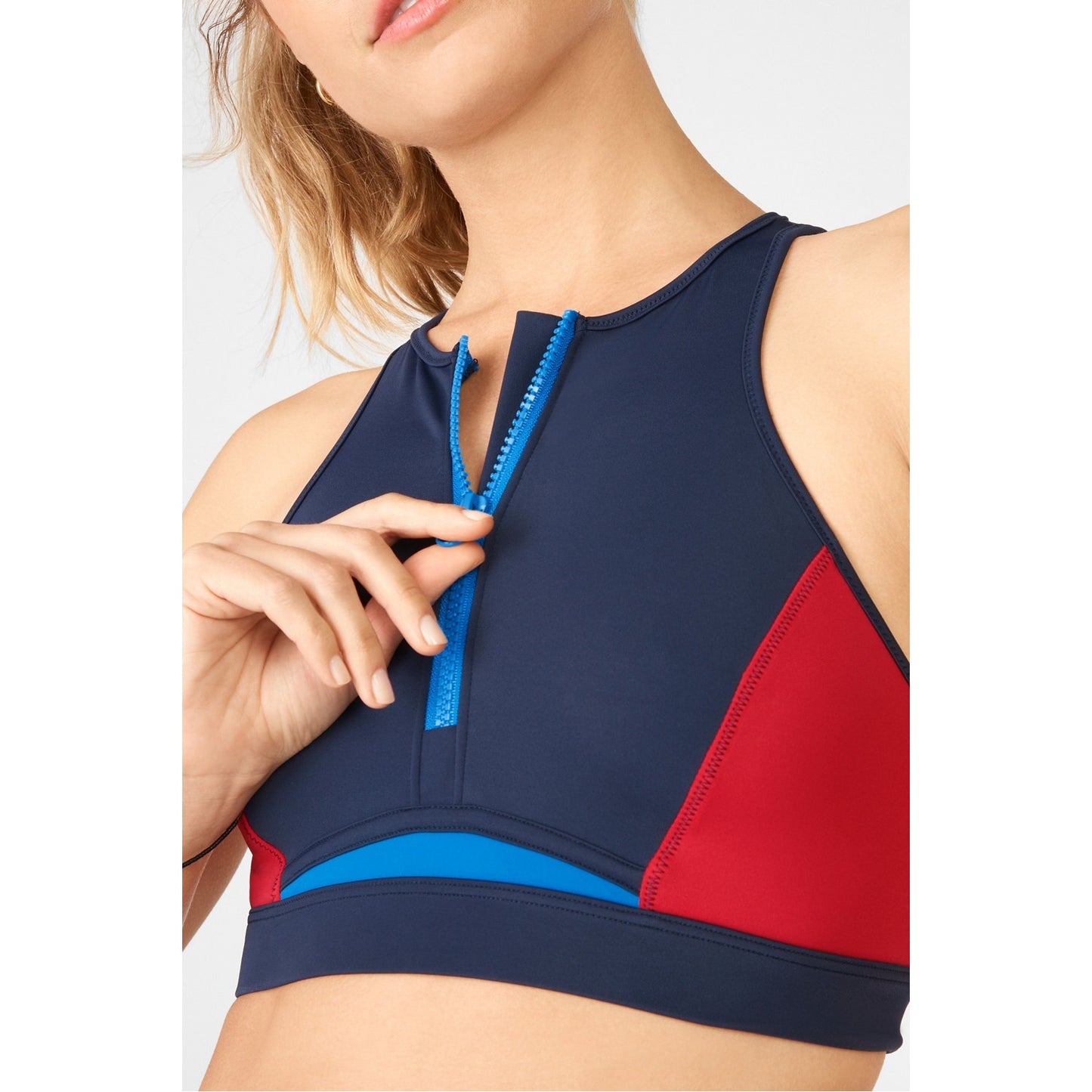Fabletics Gabriella Swim Top and High Waisted Swim Shorts Navy Blue Red 1X