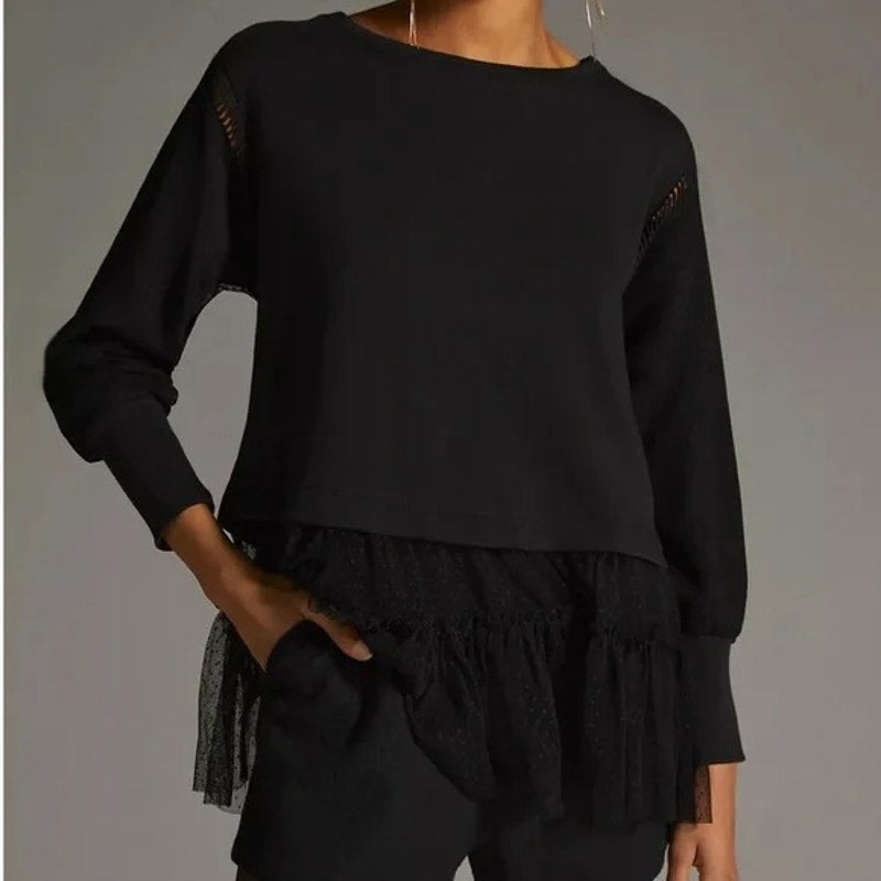 Anthropologie Tulle Layered Pullover Long Sleeve Mini Sweatshirt Black Large P