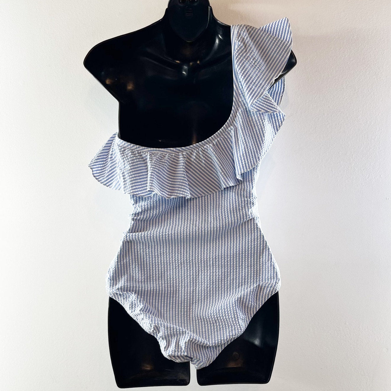 J. Crew One Shoulder Ruffle Striped Seersucker One Piece Swimsuit Blue Small