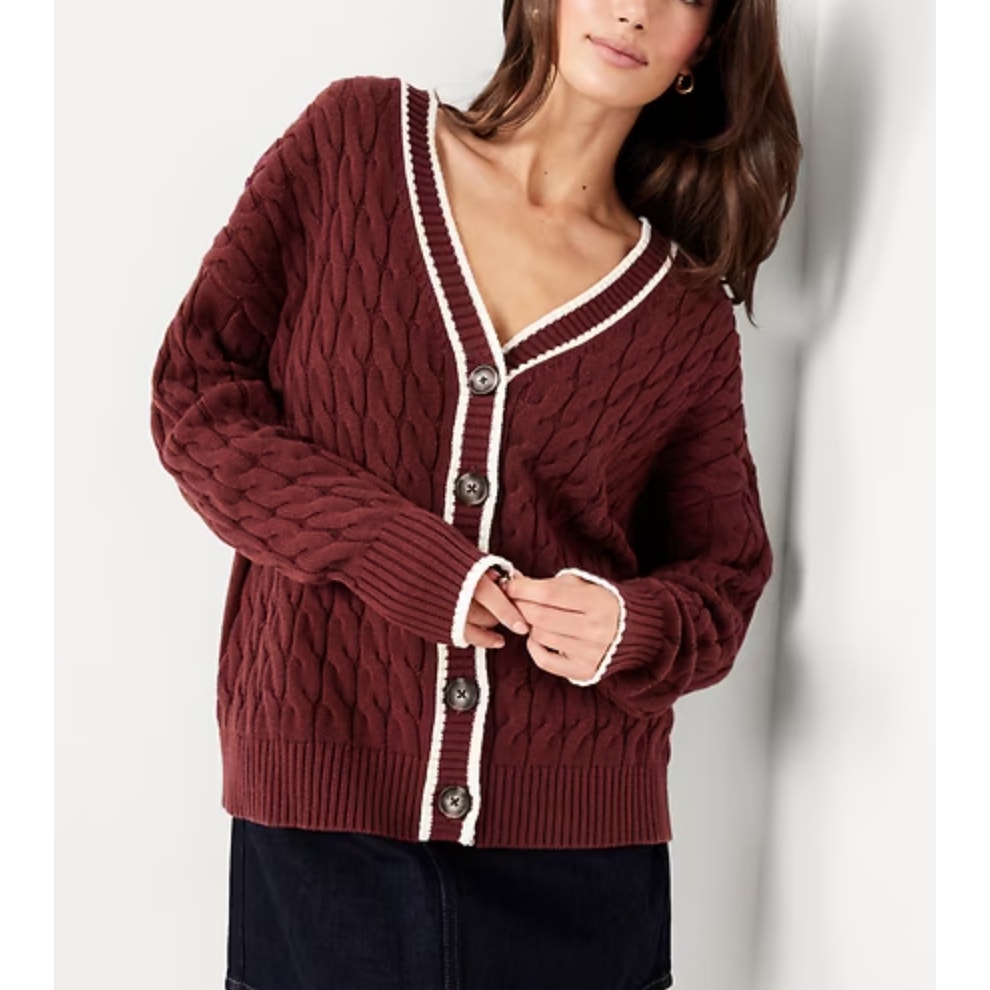 Old Navy Slouchy Cable Knit Cardigan Sweater V Neck Long Sleeve Maroon Red Small