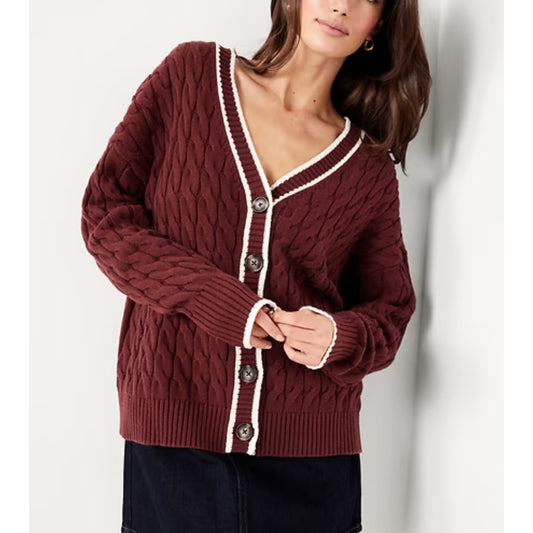 Old Navy Slouchy Cable Knit Cardigan Sweater V Neck Long Sleeve Maroon Red Small