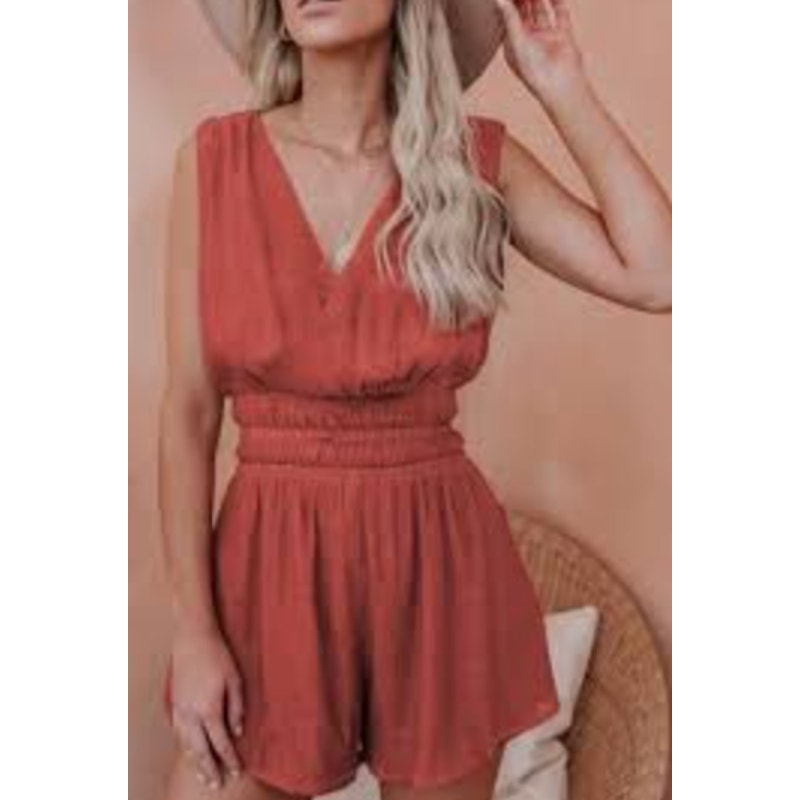 The Impeccable Pig Sleeveless Smocked Waist V-Neck Romper Brown Orange Large