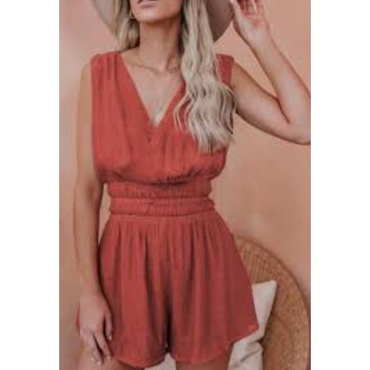 The Impeccable Pig Sleeveless Smocked Waist V-Neck Romper Brown Orange Large