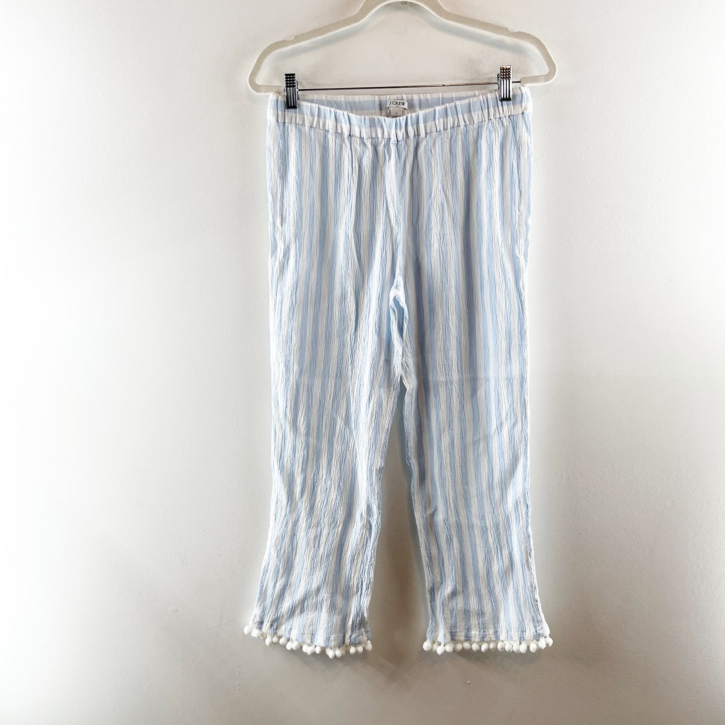 J. Crew 100% Cotton Striped Pompom Hem Cropped Pants Blue White Small