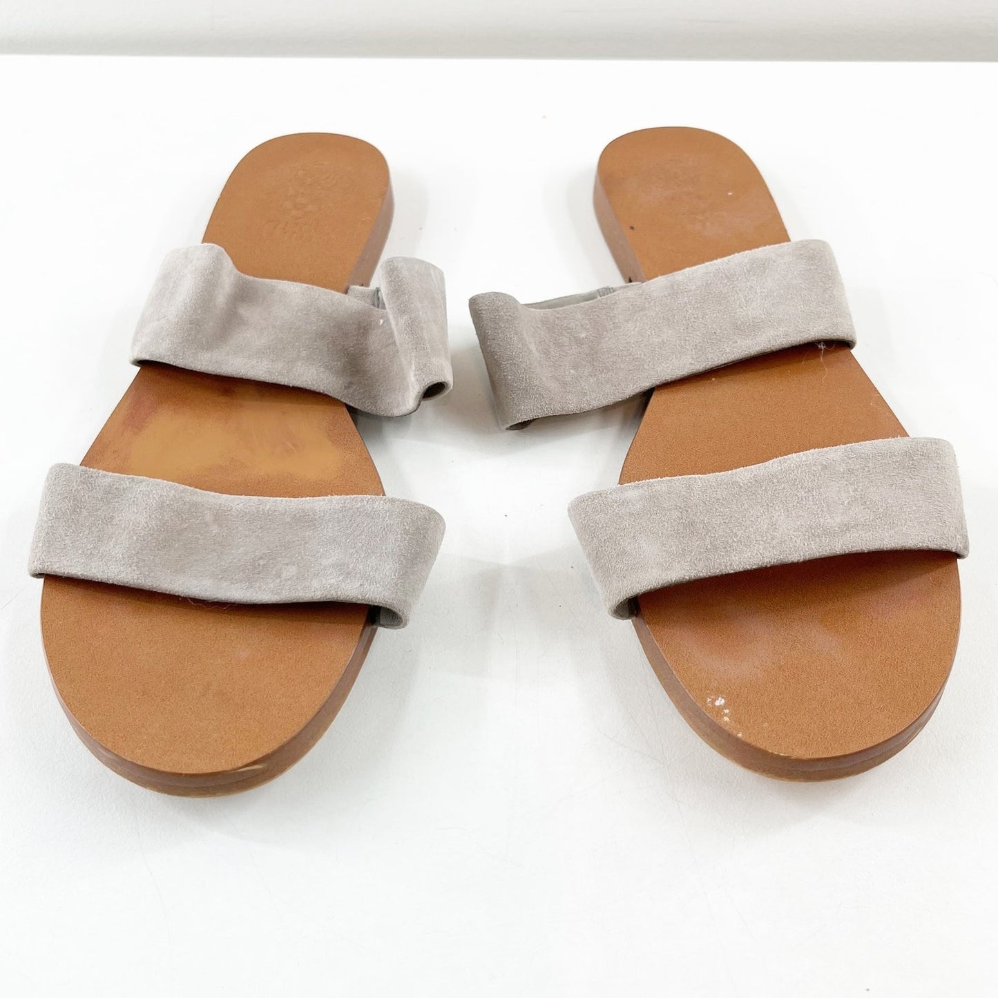 Vince Camuto Rhonda Leather Open Toe Double Strap Flat Slide Sandals Gray 8.5