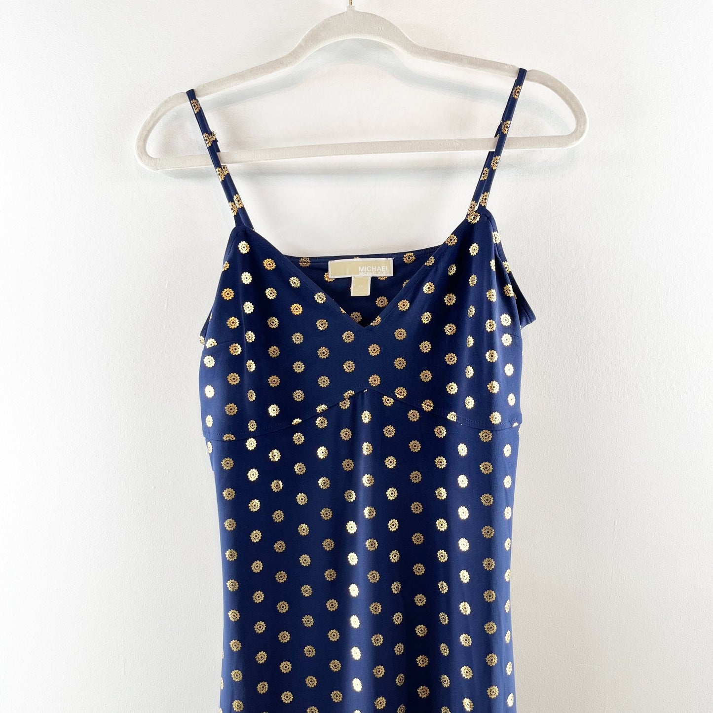 Michael Kors Medallion Foil Print Sleeveless Maxi Dress Navy Blue Gold Medium
