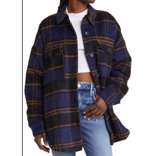 Good American Oversized Plaid Shacket Shirt Jacket Blue Brown Black XS / S