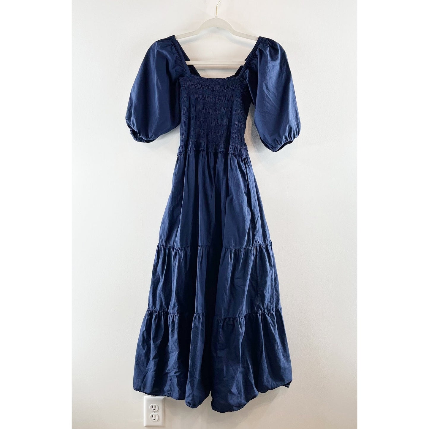 Xirena Chiara Square Neck Short Puff Sleeve Cotton Tiered Midi Dress Blue XS