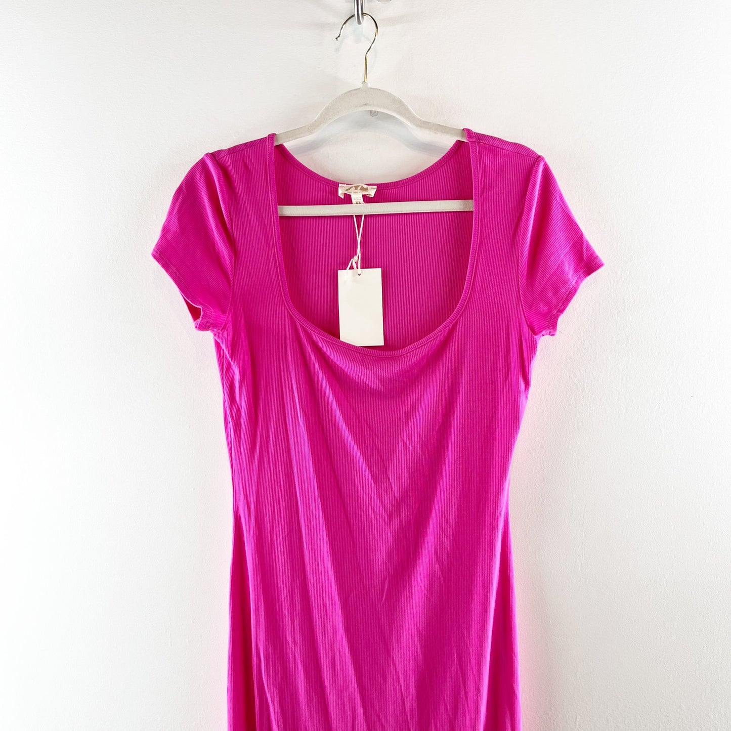 See You Monday Short Sleeve Square Neck Ribbed Maxi Dress Pink XL