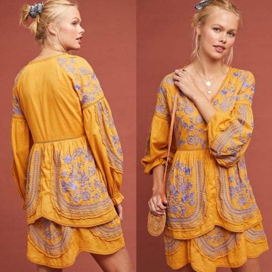 Meadow Rue by Anthropologie Lisette Embroidered Layered Mini Dress Mustard Small