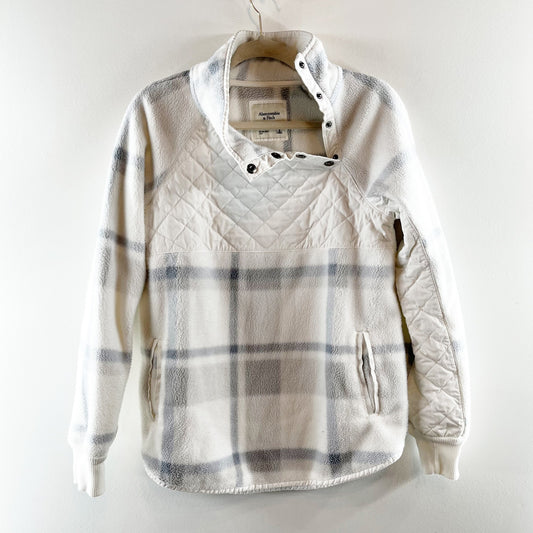 Abercrombie & Fitch Asymmetrical Snap Plaid Fleece Pullover Jacket White Gray S