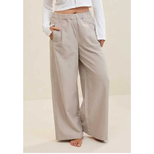 Aerie Pull On Wide Leg Pinstripe Trouser Pants Tan Beige XS
