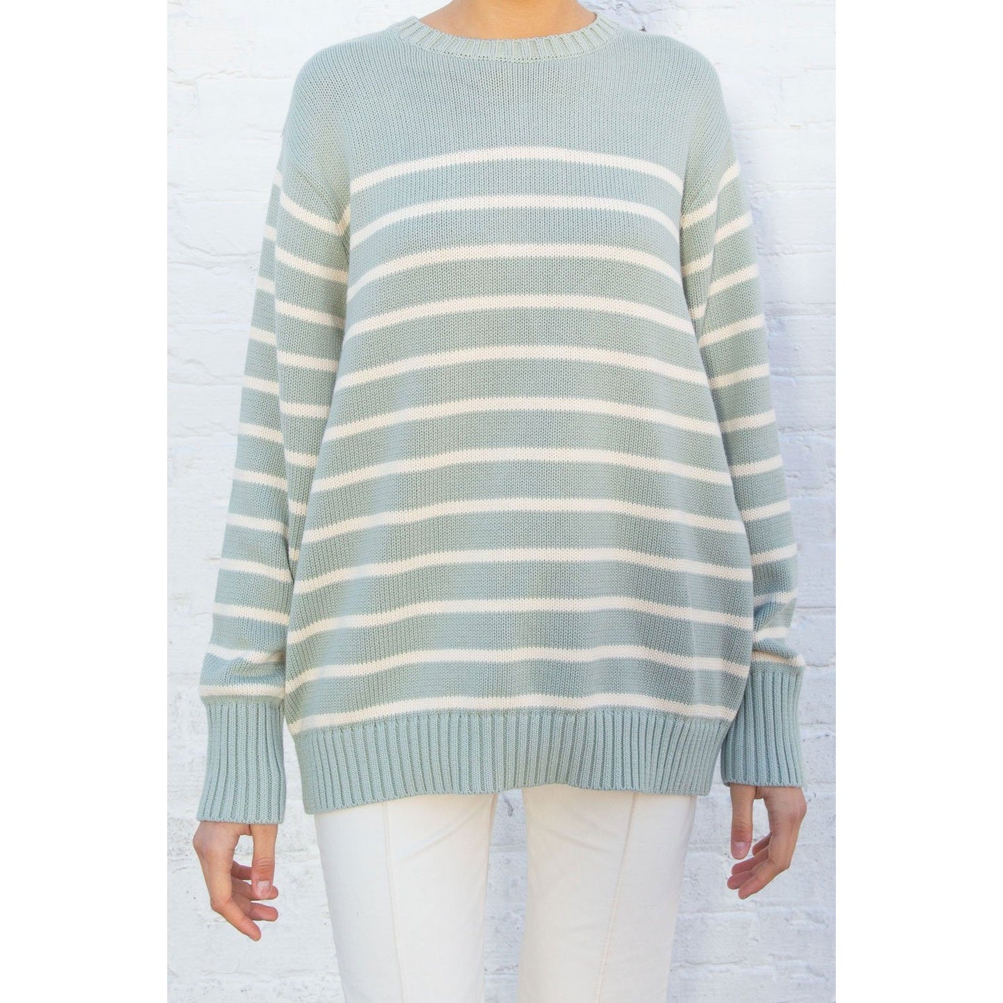 Brandy Melville Crewneck Striped Brianna Cotton Sweater Green One Size - Medium