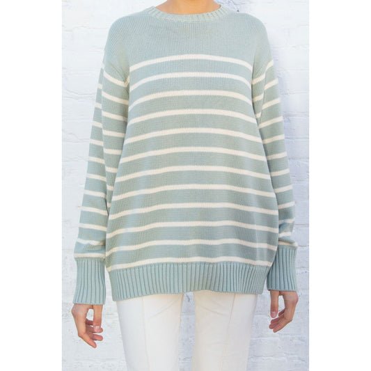 Brandy Melville Crewneck Striped Brianna Cotton Sweater Green One Size - Medium
