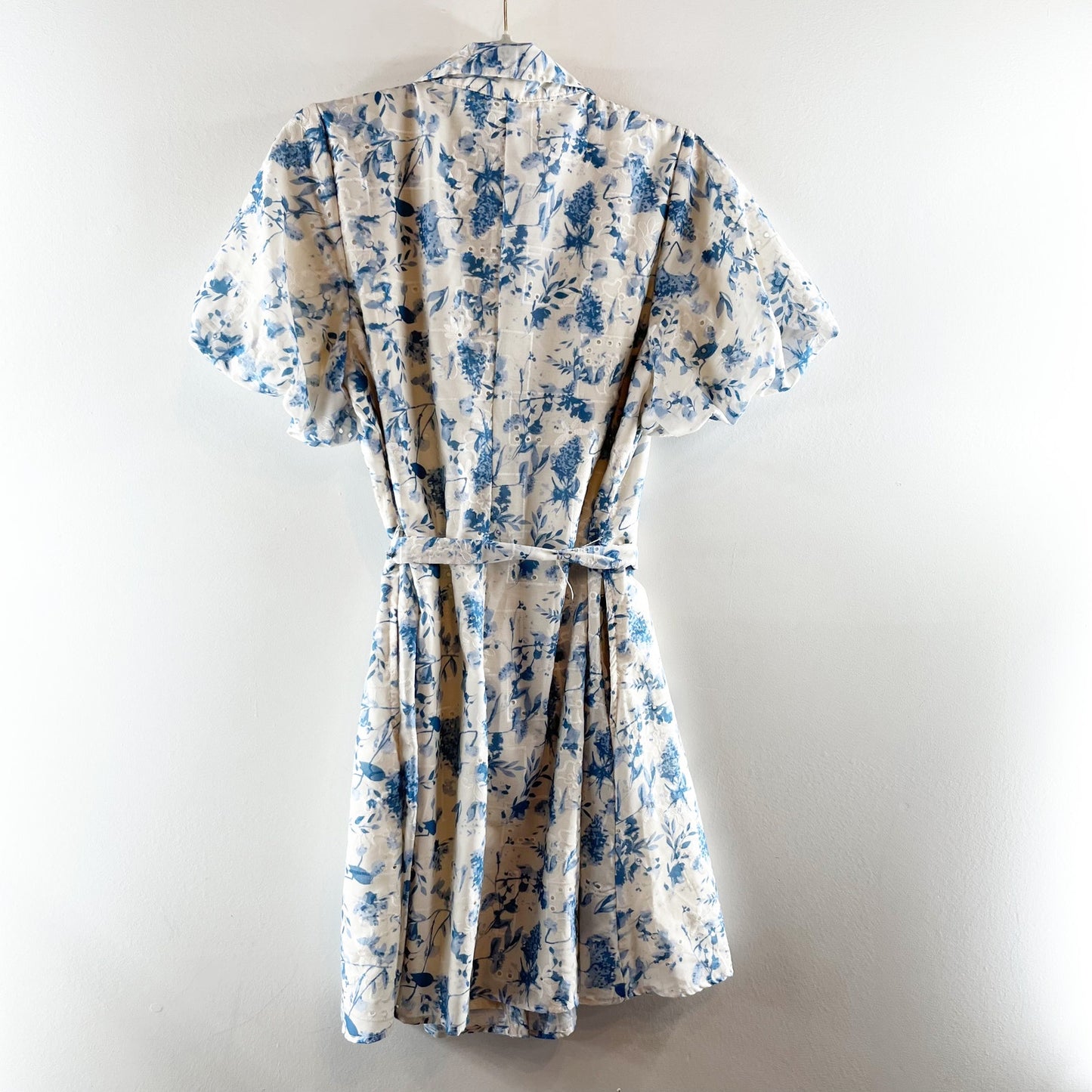Sam Edelman Short Puff Sleeve Belted Floral Mini Shirt Dress Blue Ivory 12