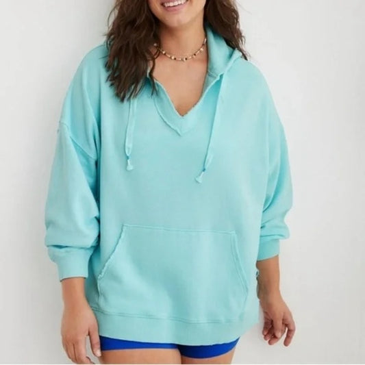 Aerie Barefoot Oversized V Neck Hoodie Sweatshirt Aqua Pastel Blue Small