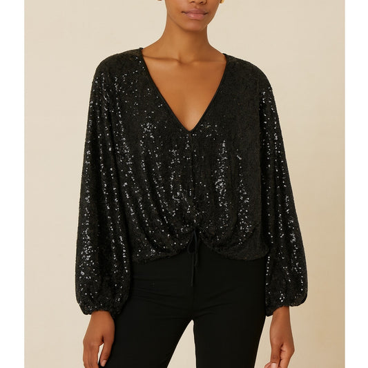 Mustard Seed Long Sleeve Ruched Tie Waist Bubble Hem Sequin Top Black Small