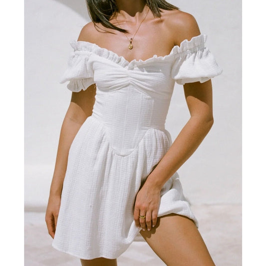 Sabo Skirt Meraki Cotton Off the Shoulder Ruffle Trim Mini Dress White XS 2