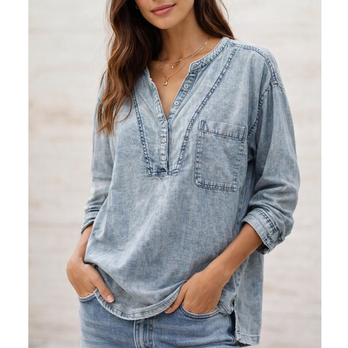 Pilcro by Anthropologie Long Sleeve V-Neck Chambray Blouse Top Blue Large