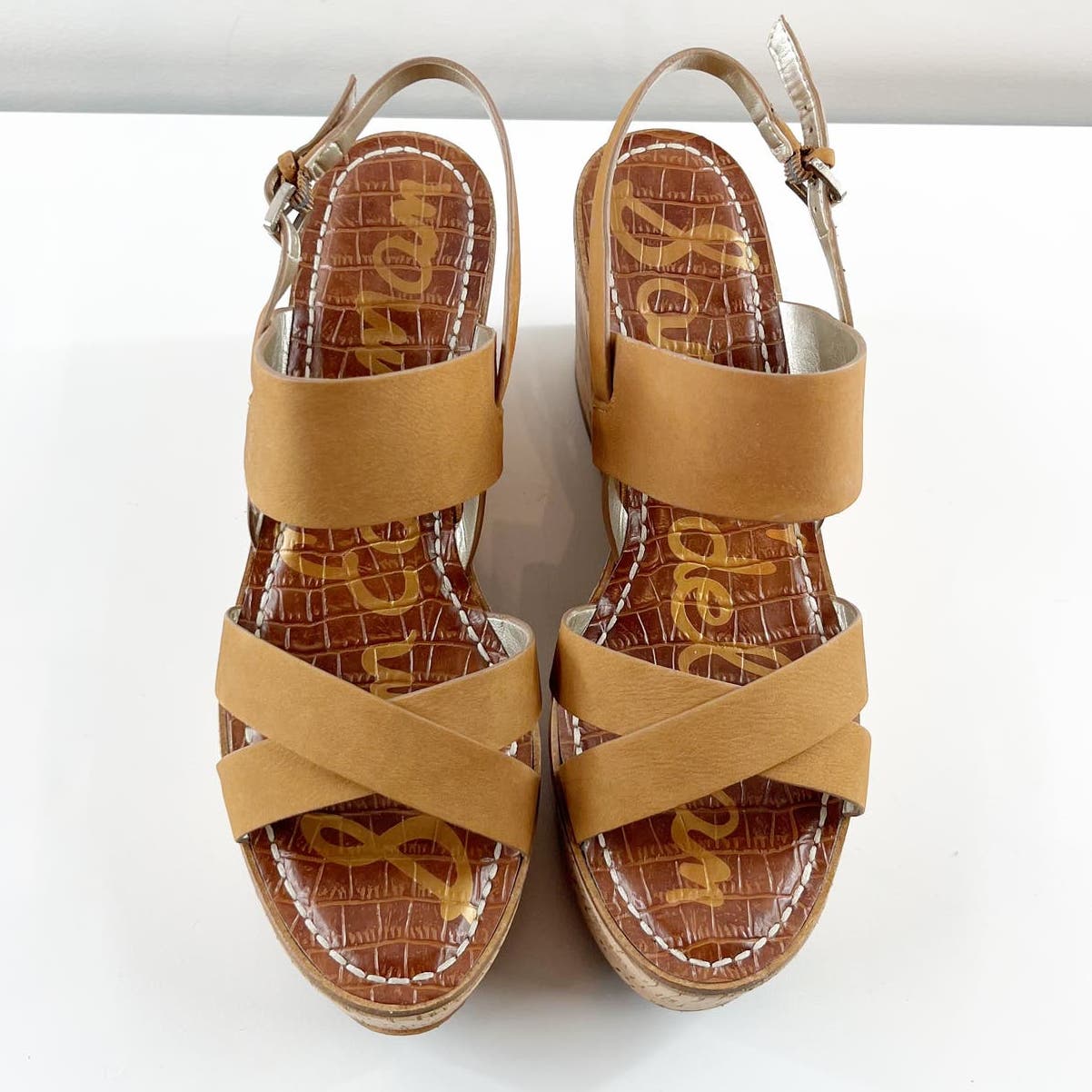 Sam Edelman Destiny Leather Cork Wedge Sandal Heels Cognac Brown Tan 10