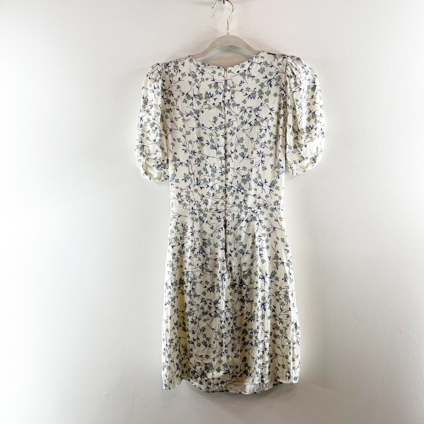 Greylin Gabi Puff Sleeve Floral V Neck Mini Dress White Blue Green Small