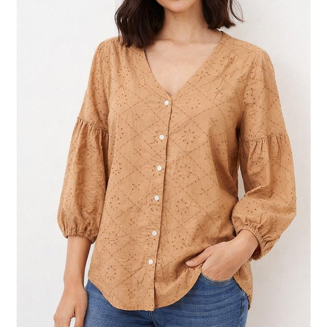 J. Jill Cotton Eyelet Button Up Blouse Top Tan Beige Medium