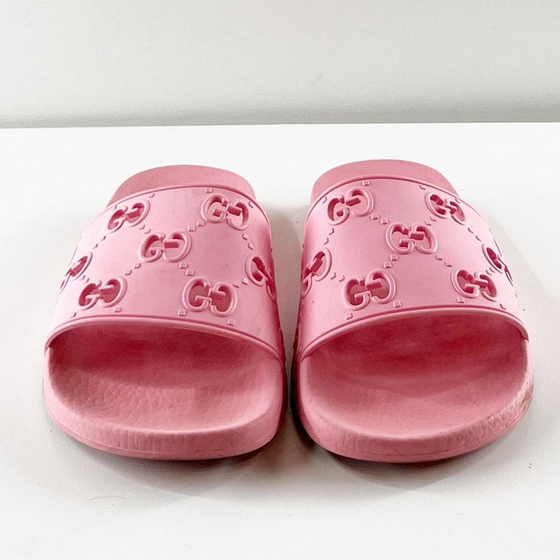 Gucci Pursuit GG Logo Rubber Slip On Open Toe Wide Strap Flat Slide Sandals Pink