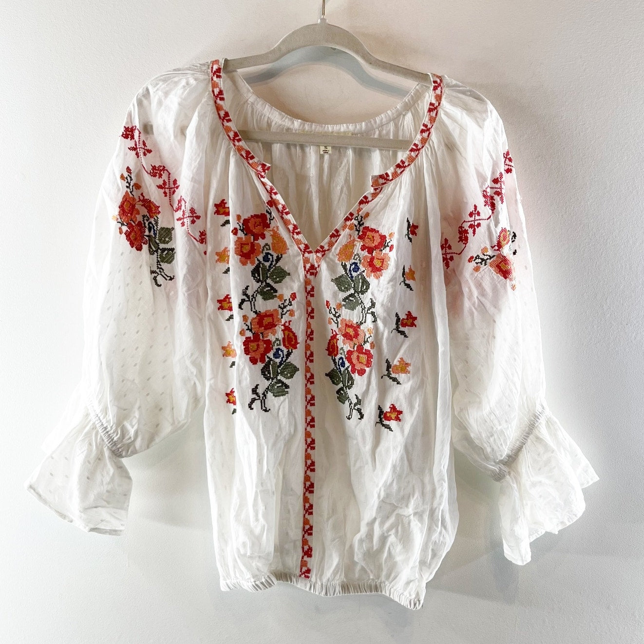 Solitaire Embroidered Cotton Long Sleeve Peasant Blouse Top White Small