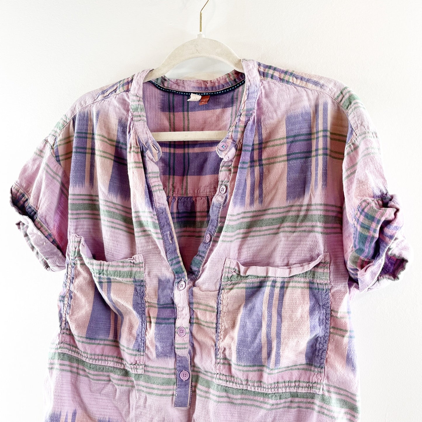 Pilcro Short Sleeve Hannah Plaid Surf Shirt Top Pink Large