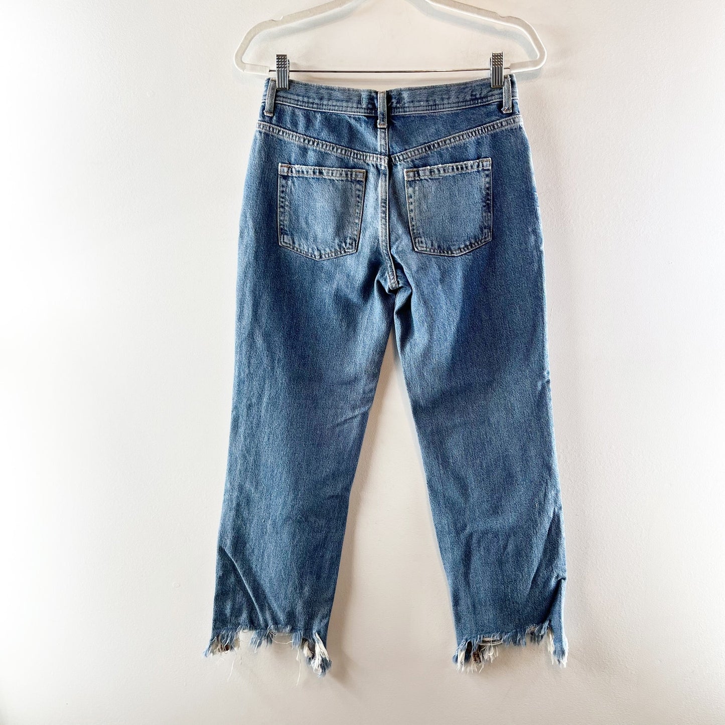 Free People Mid Rise Maggie Button Fly Straight Leg Chewed Hem Jeans Blue 26