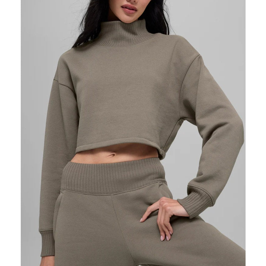 Alo Yoga Cropped Serenity Rib Mock Neck Boxy Coverup Sweatshirt Taupe XS