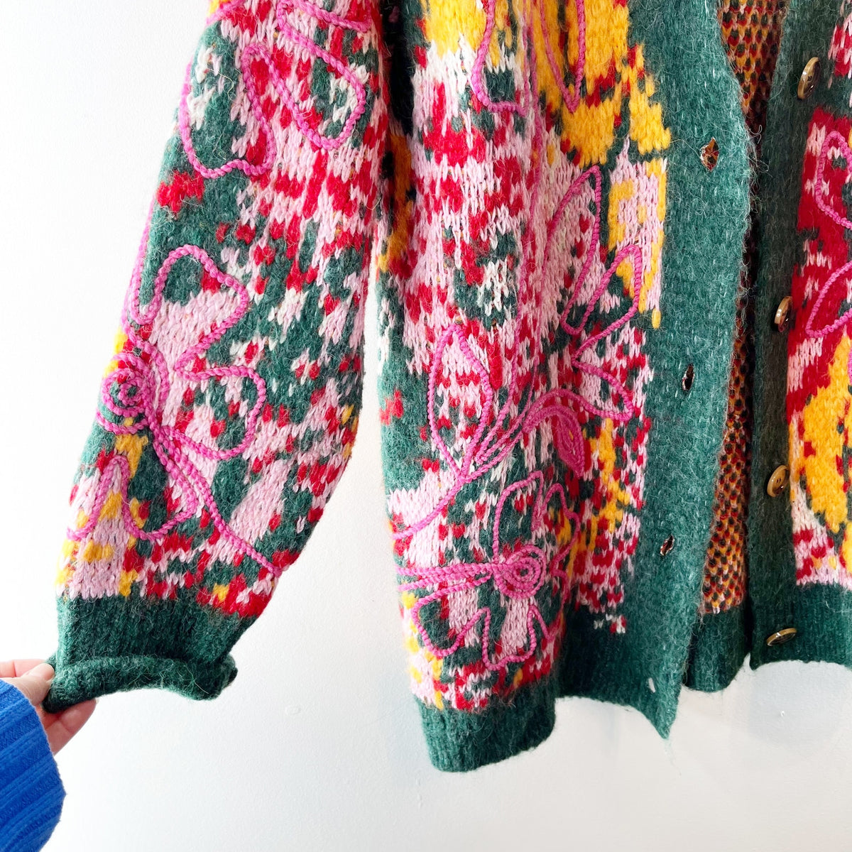 Free People Alexis Floral Long Sleeve V-Neck Cardigan Sweater Yellow Green Large