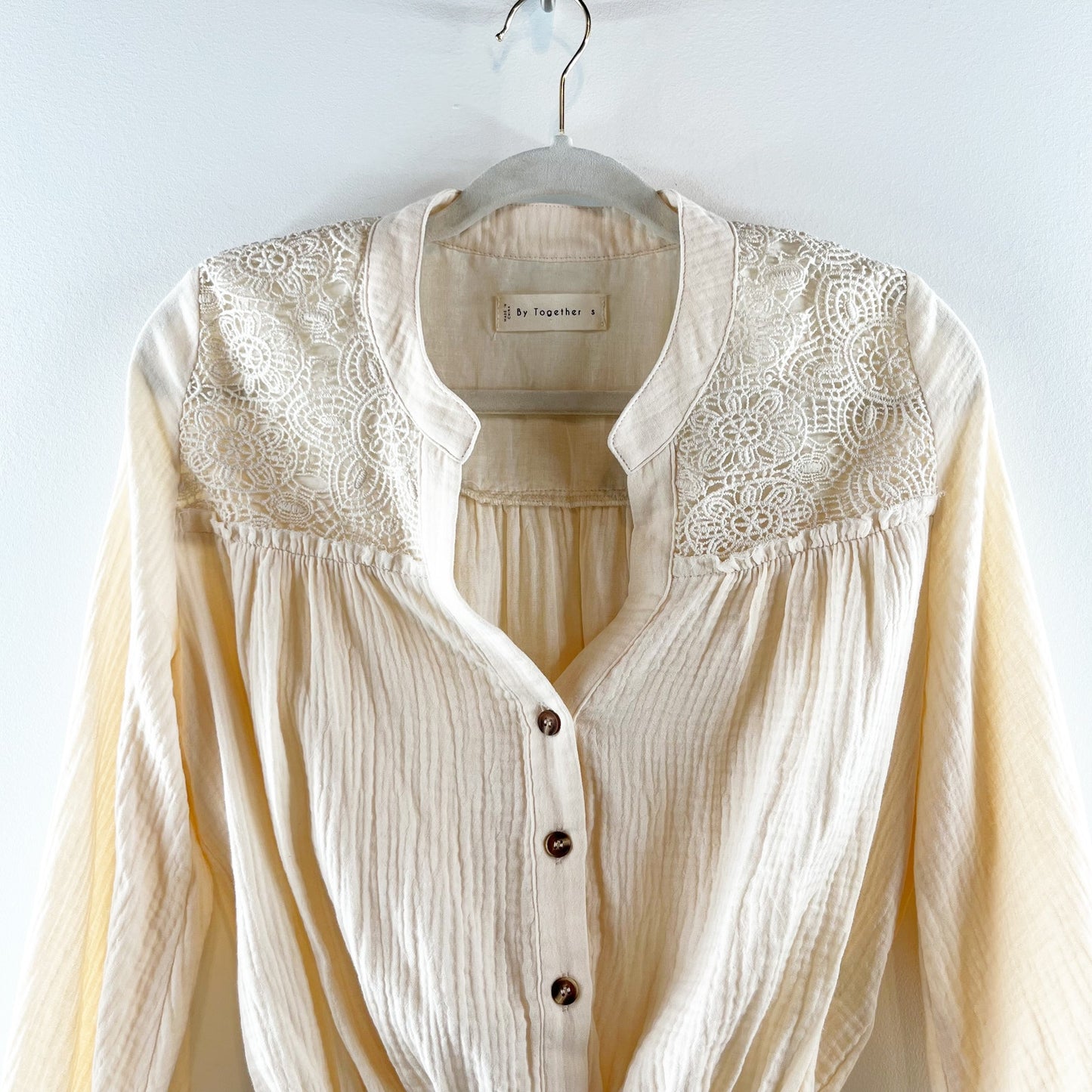 By Together Long Sleeve Gauzy Cotton Button Up Crochet Top Cream Small