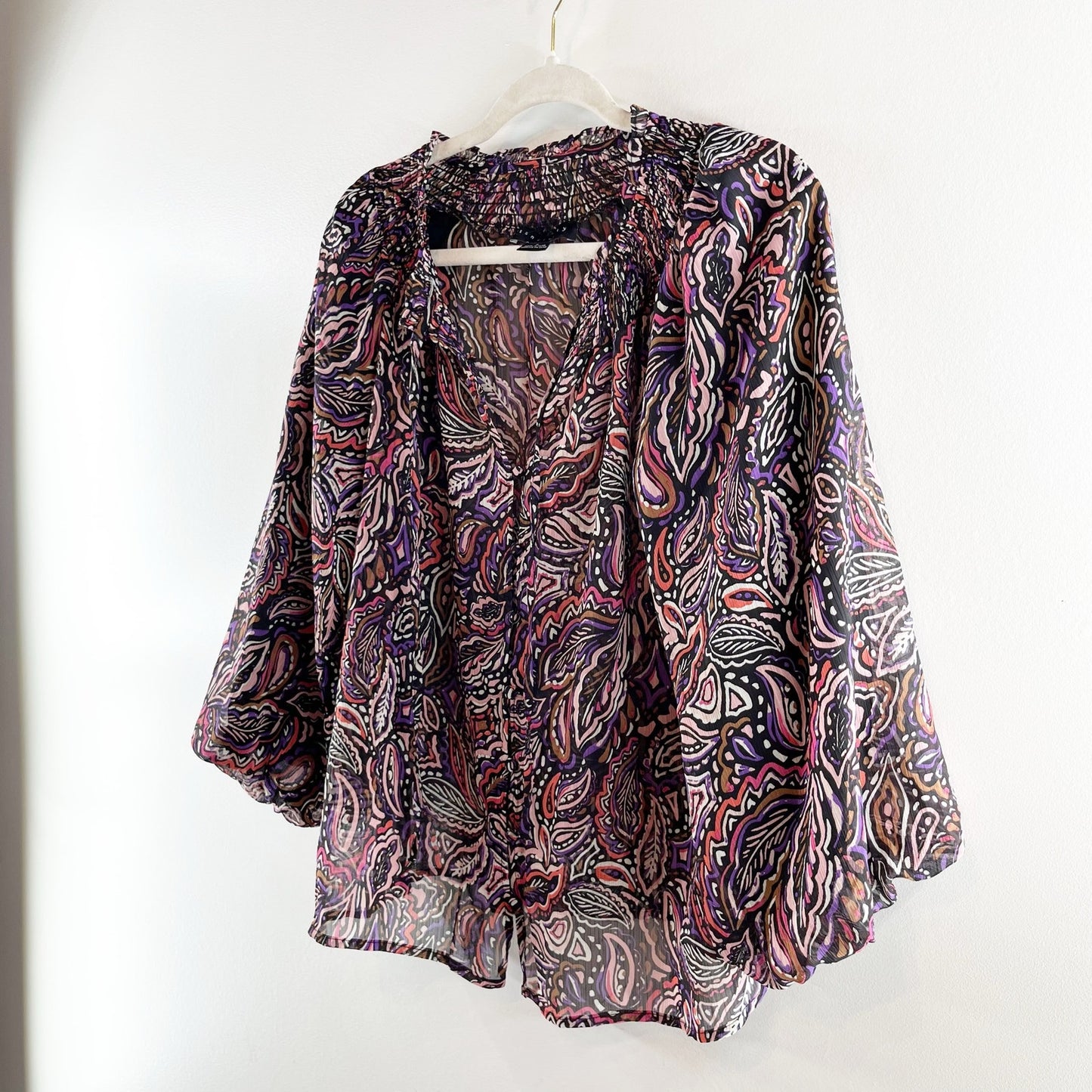 Sanctuary Paisley Print Balloon Sleeves Smocked Neck Blouse Purple Multi Small