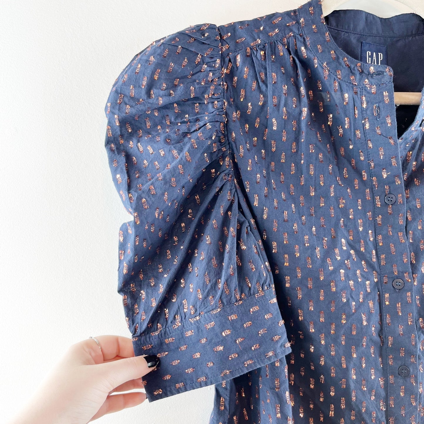 Gap Cotton Blend Puff Sleeve Button Front Blouse Shirt Navy Blue Clip Dot Small