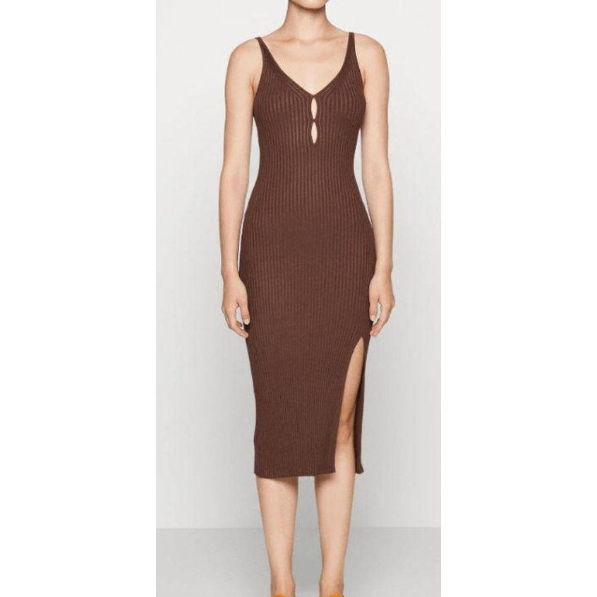 Abercrombie & Fitch Ribbed Keyhole Cutout Sleeveless Midi Tank Dress Brown Med