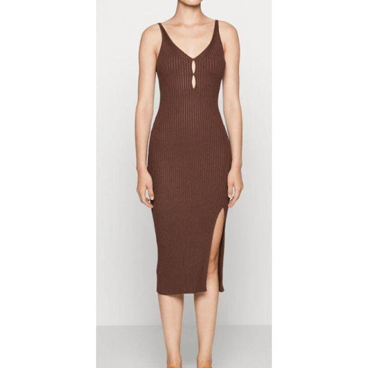 Abercrombie & Fitch Ribbed Keyhole Cutout Sleeveless Midi Tank Dress Brown Med