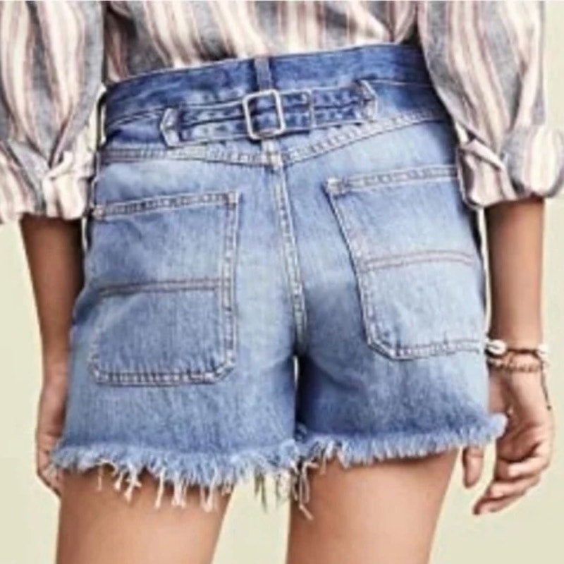 Free People We The Free Jesse Carpenter High Rise Button Fly Shorts Blue 30