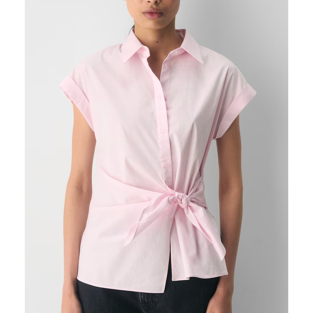Babaton Aritzia Blueprint Poplin Short Sleeve Tie Front Top Blouse Villa Pink S