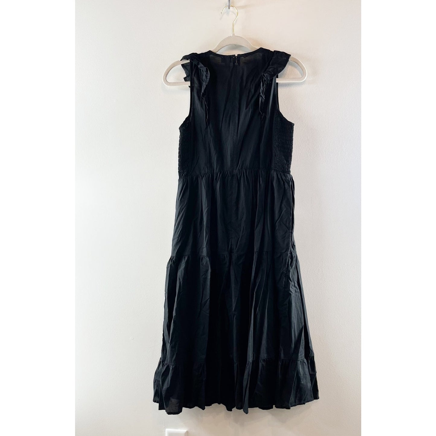 J. Crew V Neck Smocked Ruffle Sleeveless Cotton Midi Dress Black 6