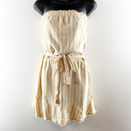 Cloth & Stone Strapless Belted Striped Raw Hem Ruffle Mini Dress Butter Yellow M
